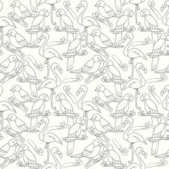 Birds' seamless pattern with outline elements of flamingo, nightingale, and parrot on a white background