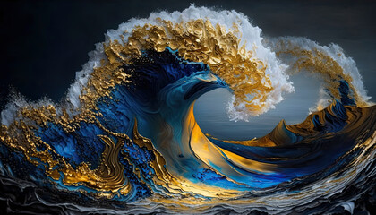 Absolutely stunning Generative Ai illustration of wave and cloud texture combined to create abstract surreal landscape background in gold and blue artwork - 604285978
