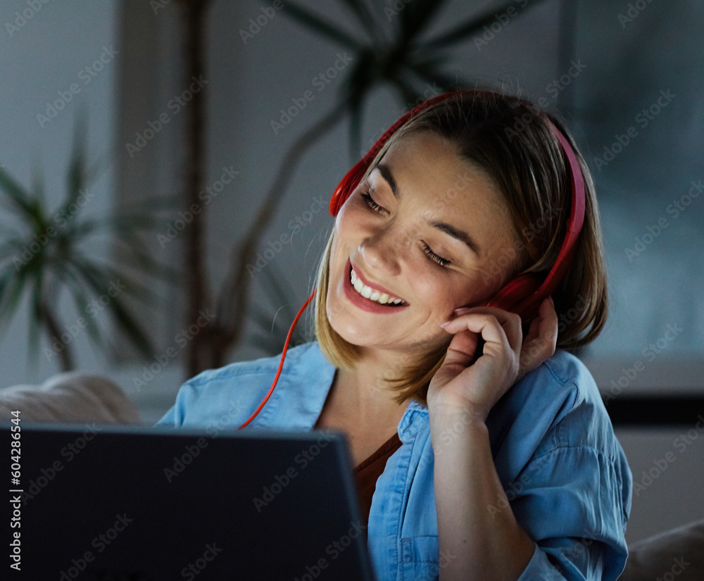 Wall mural earphone woman laptop young music headphones happy listening computer lifestyle girl night dark headphone technology audio listen technology fun leisure