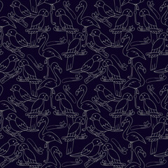 Outline birds' seamless pattern of flamingos, parrots, and nightingales on a navy blue background