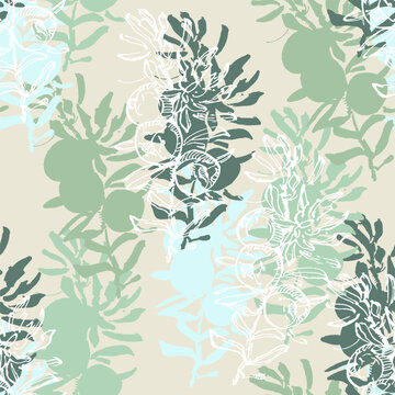 Hand drawn juniper seamless pattern. Juniper berries with leaves on shabby background. Original simple flat illustration. Shabby style.
