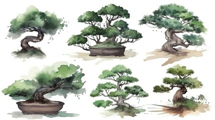 set of watercolor bonsai tree, generative ai