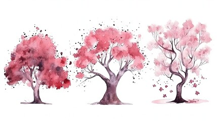 set of watercolor cherry blossom tree in spring, generative ai