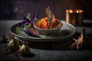 photographie culinaire ultra nette, un plat filigrane avec des frites de patates douces et des aubergines fourrées. Ai générative 