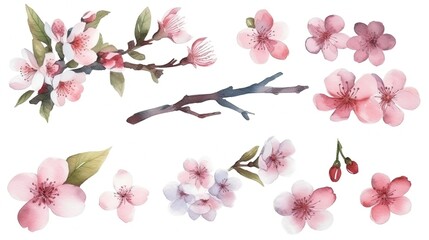 set of watercolor cherry blossoms, generative ai