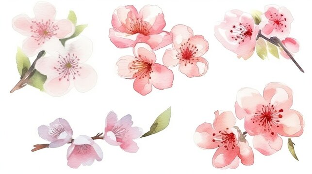 set of watercolor cherry blossoms, generative ai