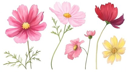 set of watercolor cosmos flowers, generative ai - obrazy, fototapety, plakaty