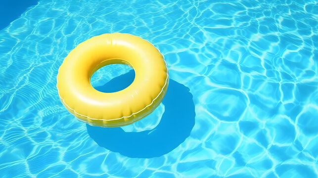 yellow swimming pool ring float in blue water. concept color summer.