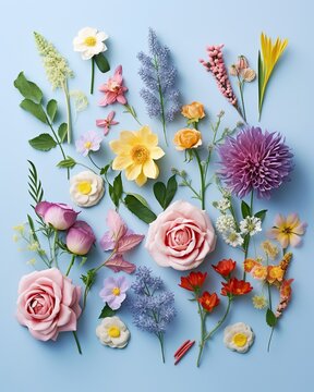 Fototapeta Various spring blooming colorful flowers on pastel blue background. Kolling. Generated AI.