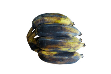 Ripe bananas are about to rot. The dry bark is black and yellow. on a white background
