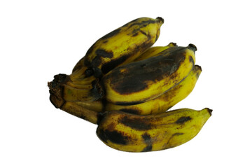 Ripe bananas are about to rot. The dry bark is black and yellow. on a white background