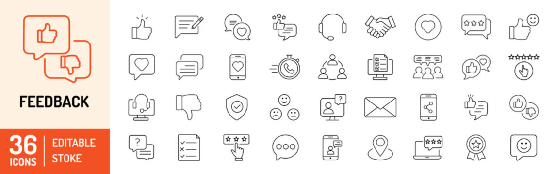 Feedback  editable stroke outline icons set . Feedback, rating, quick response, like, chat, customer, satisfaction and testimonials icons. Vector illustrations