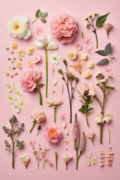 Fototapeta Various colorful spring field blooming flowers on pastel pink background. Kolling. Generated AI.