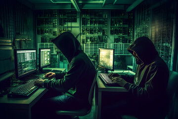 Hacker and cyber security concept. Hooded hacker at work. Created with generative AI technology.