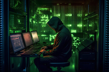 Hacker and cyber security concept. Hooded hacker at work. Created with generative AI technology.