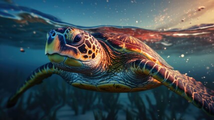 Fototapeta na wymiar Sea turtle swimming in the Ocean, Digital Illustration, Concept Art, Generative AI