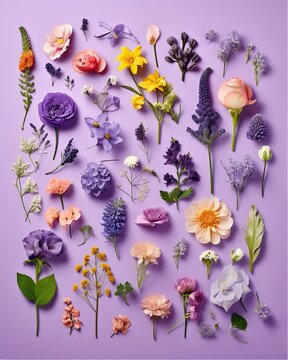 Fototapeta Various colorful spring field blooming flowers on pastel purple background. Kolling. Generated AI.