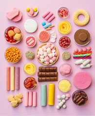 Various unhealthy colorful sweets, chocolate and cakes on pastel pink background. Kolling. Generated AI.