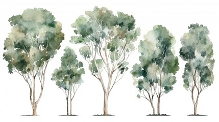 set of watercolor eucalyptus tree, generative ai
