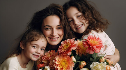 Woman with two girls giving her flowers, created using generative AI