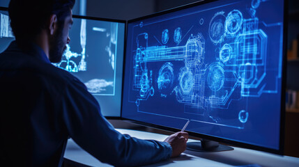Enginier looking at a blueprint, created using generative AI