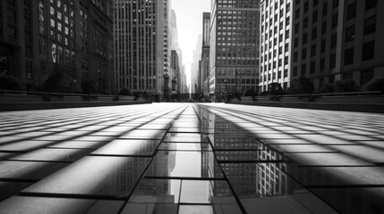 A towering skyscraper casting shadows on a busy downtown square, created using generative AI