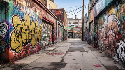A graffiti-covered alleyway with vibrant murals, created using generative AI