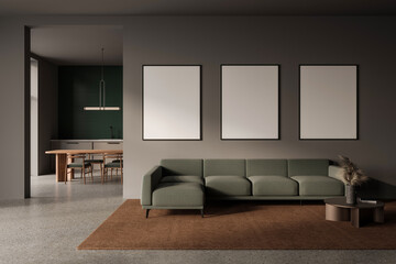 Stylish home studio interior with chill and eating place. Mock up frames