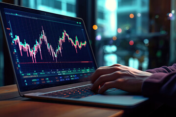 Stock market indicator on graph with a laptop, created using generative AI