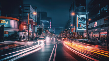 A busy intersection with streaks of car lights creating a sense of motion, created using generative AI