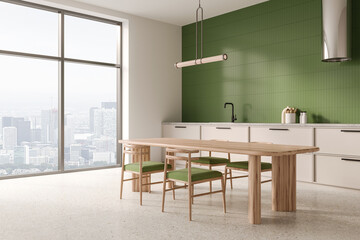 Stylish kitchen interior with dining table and cooking corner, panoramic window
