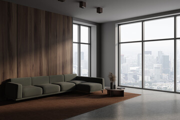 Dark home relax place interior with couch and decoration, window and empty wall