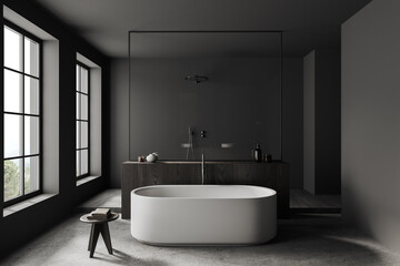 Fototapeta na wymiar Grey bathroom interior with bathtub and douche near panoramic window