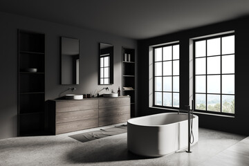 Fototapeta na wymiar Gray bathroom interior with double sink and tub