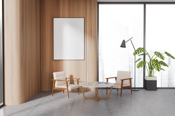 Wooden office waiting room with armchairs and poster