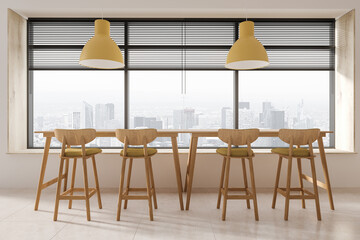 Modern cafe interior with four bar chairs, table and panoramic window