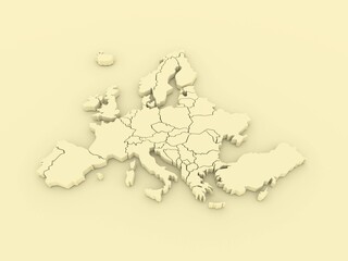 3D rendered map of Europe with bright yellow colors