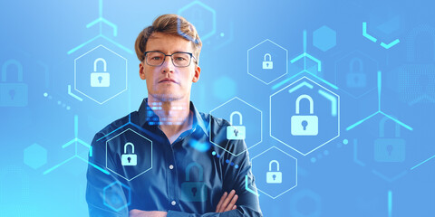 Businessman with arms crossed, lock and cybersecurity, data protection