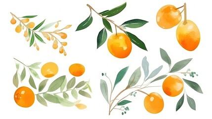 set of watercolor kumquats, generative ai