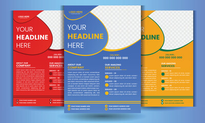 Corporate business flyer template design set with red blue and yellow color variation. abstract modern creative unique idea inspire cover brochure a4 size half page. flyer background