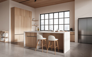 Beige and wooden kitchen with cabinets and bar