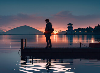 Fototapeta premium A man stands on the dock at dawn. Generative AI