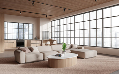 Modern home interior with relax and dining corner, panoramic window