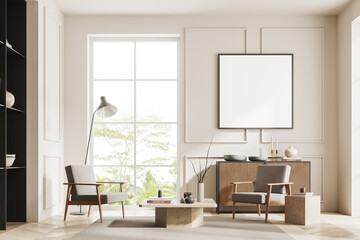 White living room with dresser, square poster and armchairs