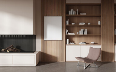 Modern relax room interior armchair and fireplace with decoration, mockup frame