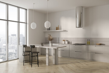Modern kitchen interior with bar countertop, kitchenware and shelves