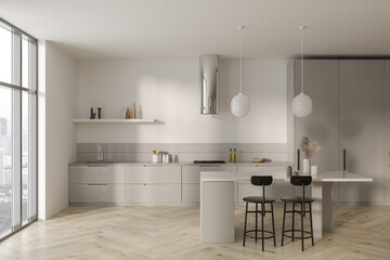 Modern white kitchen interior with bar