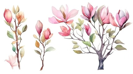 set of watercolor magnolia flowers, generative ai
