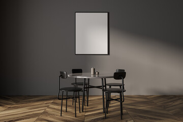 Minimalistic gray dining room with round table and poster