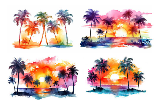 Tropical Watercolor Sunsets created with Generative AI technology